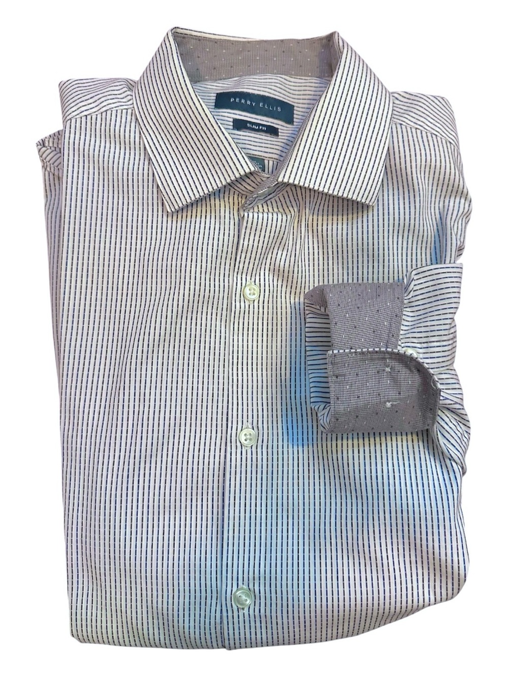 Perry Ellis Men’s Dress Shirt in White with Gray Pinstripes